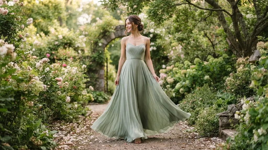 A woman with a simple, elegant hairstyle wearing a beautiful long floor-length frock, perfectly matching her outfit for a polished look.