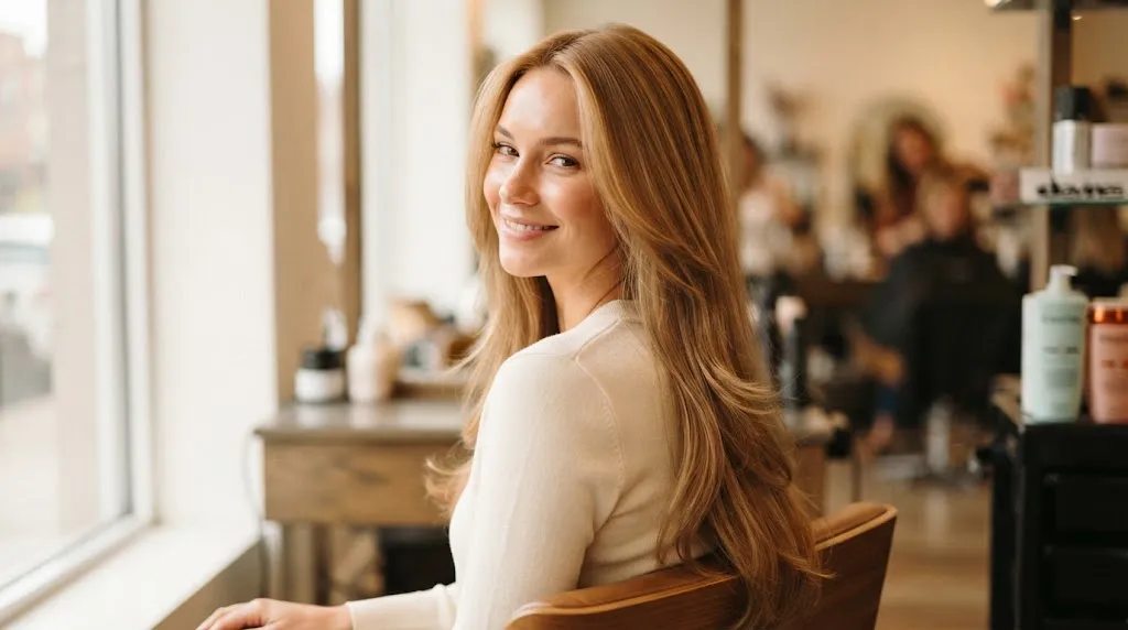 A woman with a simple light layer cut hairstyle showing subtle graduation and dense, healthy ends in a professional salon setting.
