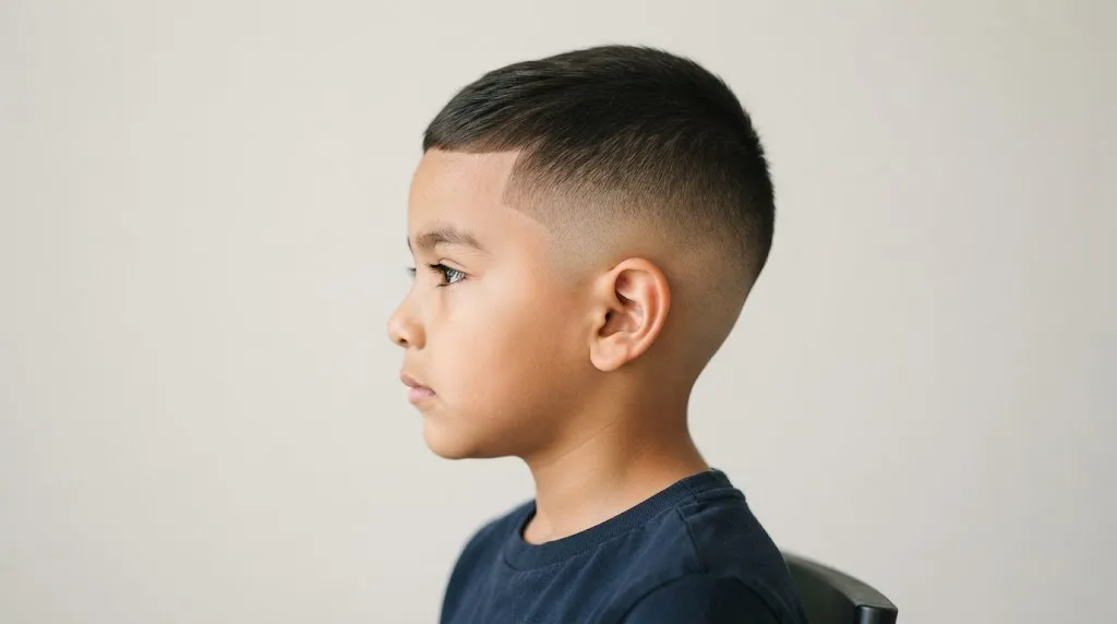 Close-up side profile of a young boy with a clean skin fade crew cut hairstyle and sharp gradient fade