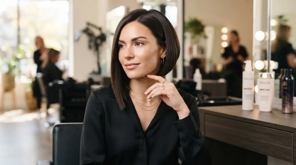 Sleek asymmetric bob haircut with a sharp diagonal angle on a woman with a round face, styled in a professional salon
