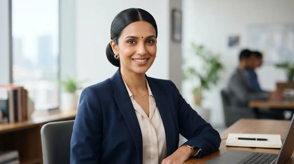 An Indian woman with a professional and polished sleek low bun hairstyle, perfect for office wear and formal sarees.