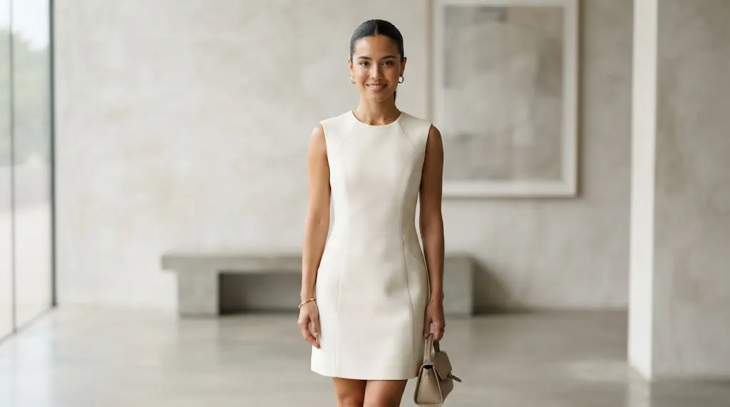 A stylish woman with short hair styled in a sleek mini ponytail wearing a chic frock, perfectly matching the neckline.