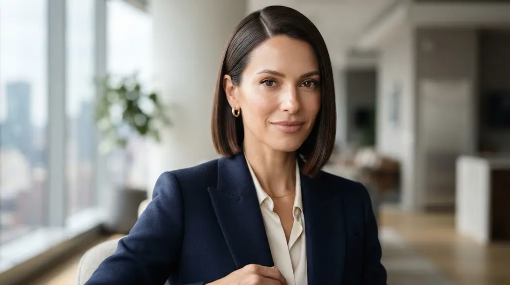 A woman with a sleek, polished, side-parted bob haircut demonstrating a simple and elegant Indian hairstyle for office and modern saree looks.