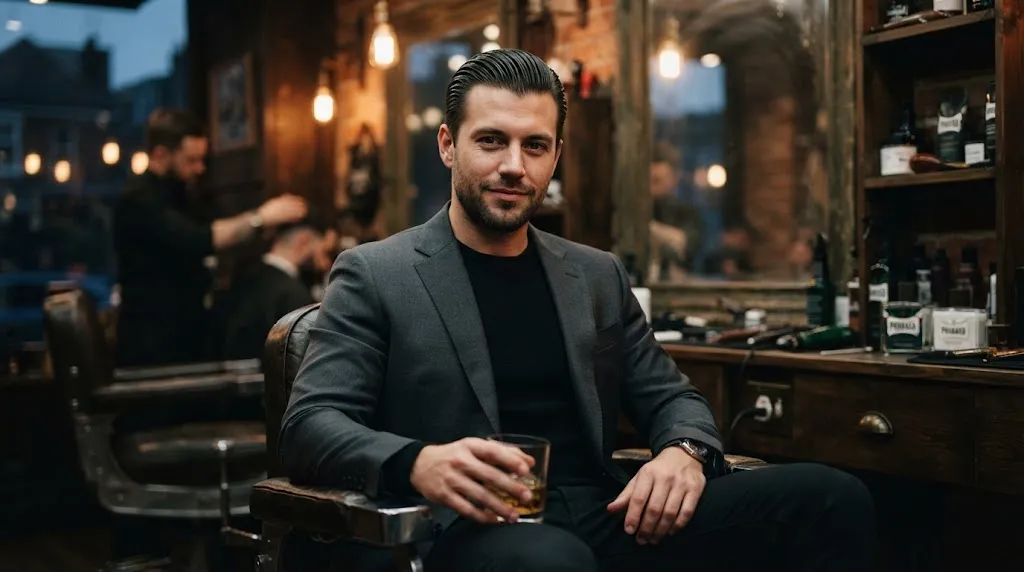 A professional man with a sleek slicked-back haircut and tapered sides sitting in a modern barbershop