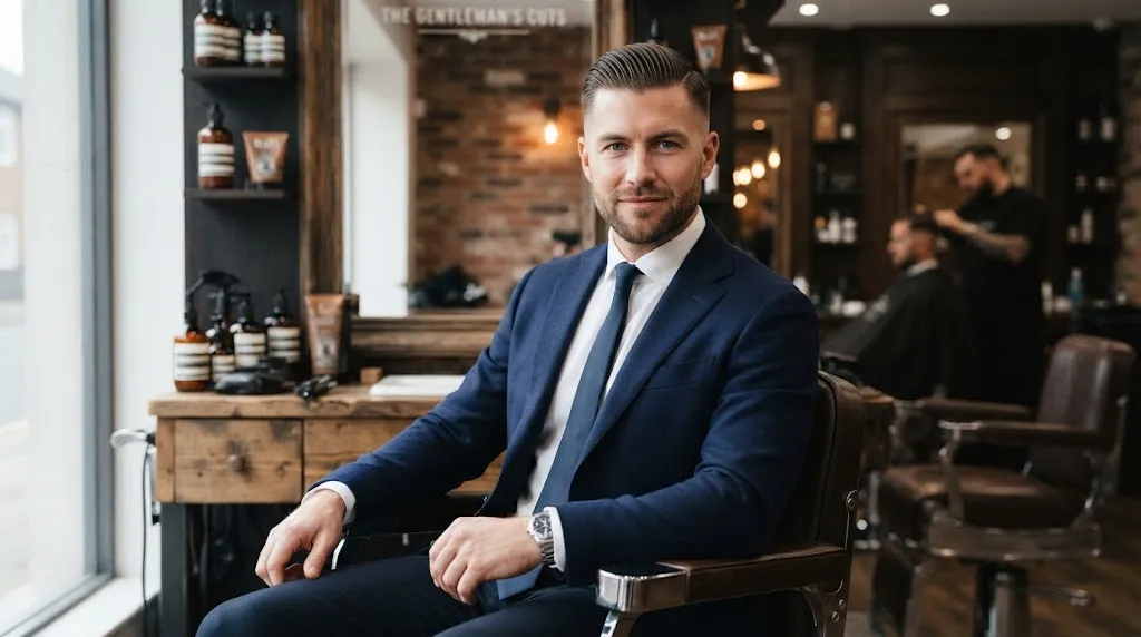 A professional man showcasing a sharp slicked-back military haircut with clean tapered sides in a modern barbershop