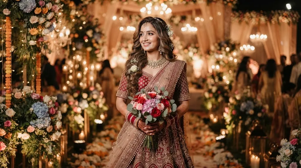Elegant bride with soft cascaded open hair waves and voluminous curls styled for a traditional wedding celebration