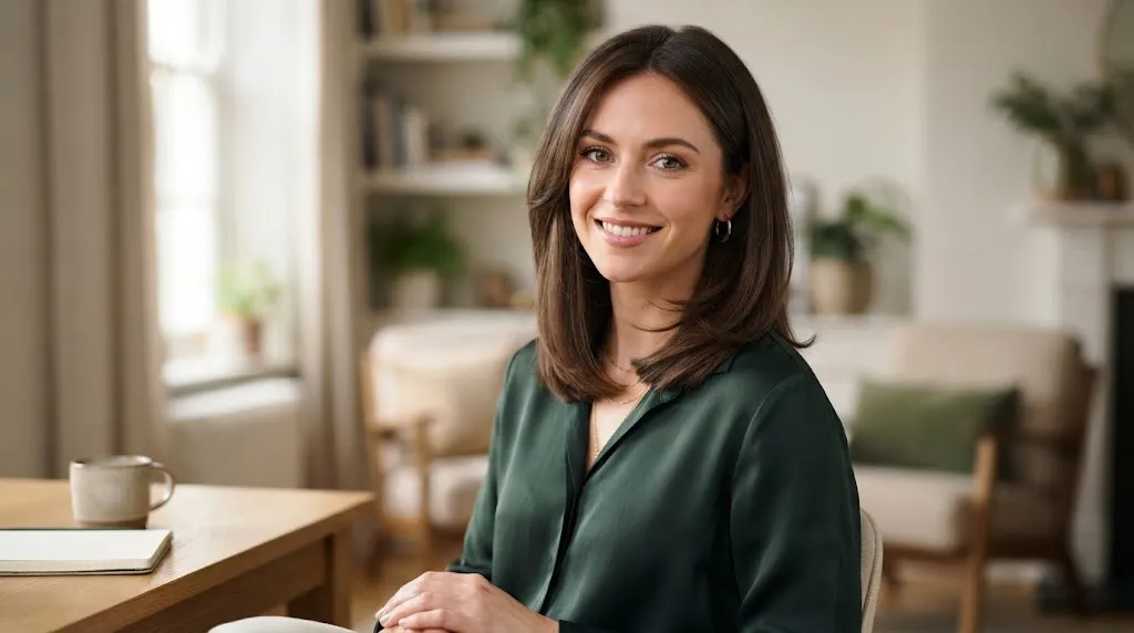 Woman with medium-length layered straight hair and soft curved ends framing her face