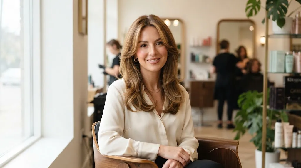 A woman with soft face-framing layers haircut showcasing a natural and elegant hairstyle look