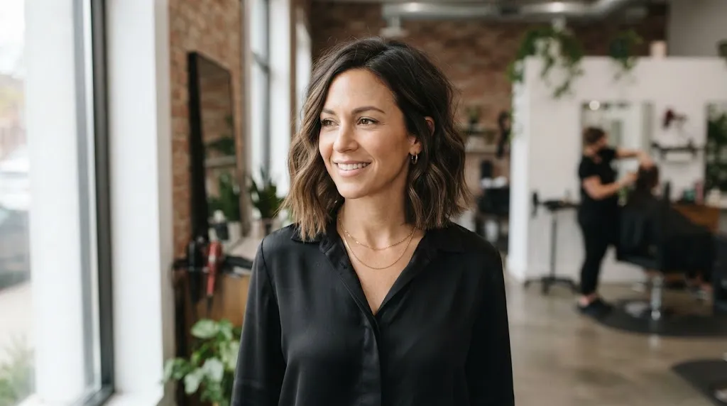 A stylish woman with a soft textured box bob hairstyle featuring natural waves and movement