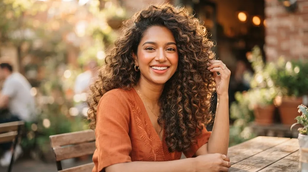 A smiling South Asian woman with long, beautiful, and healthy natural curly hair showcasing effortless volume and soft texture.