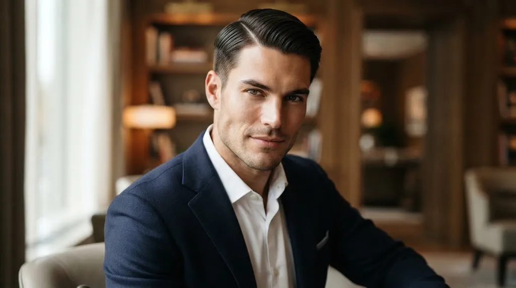A handsome man with a square face shape showcasing a clean classic side part hairstyle and sharp jawline