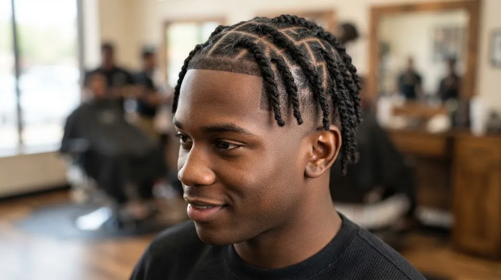 A close-up view of neat starter locs and clean parts with a sharp skin fade on a Black man's natural hair