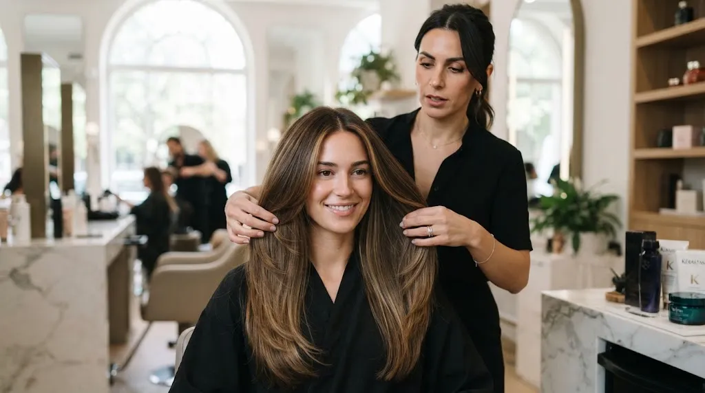 A professional hairstylist comparing long hair styles to show the difference between a step cut and a layer cut