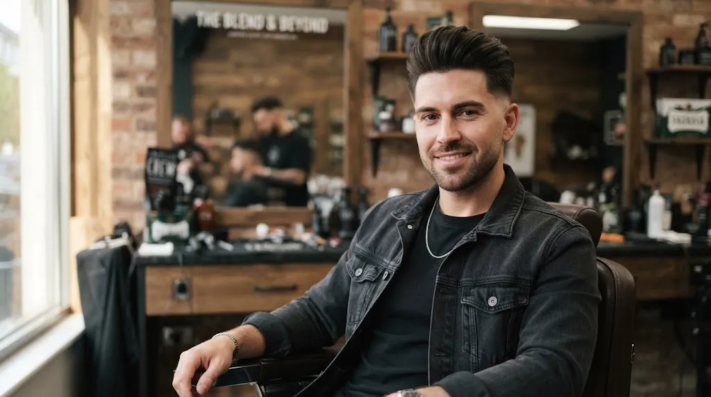 Man with straight and silky hair styled with root lift and clean mid taper fade for a round face