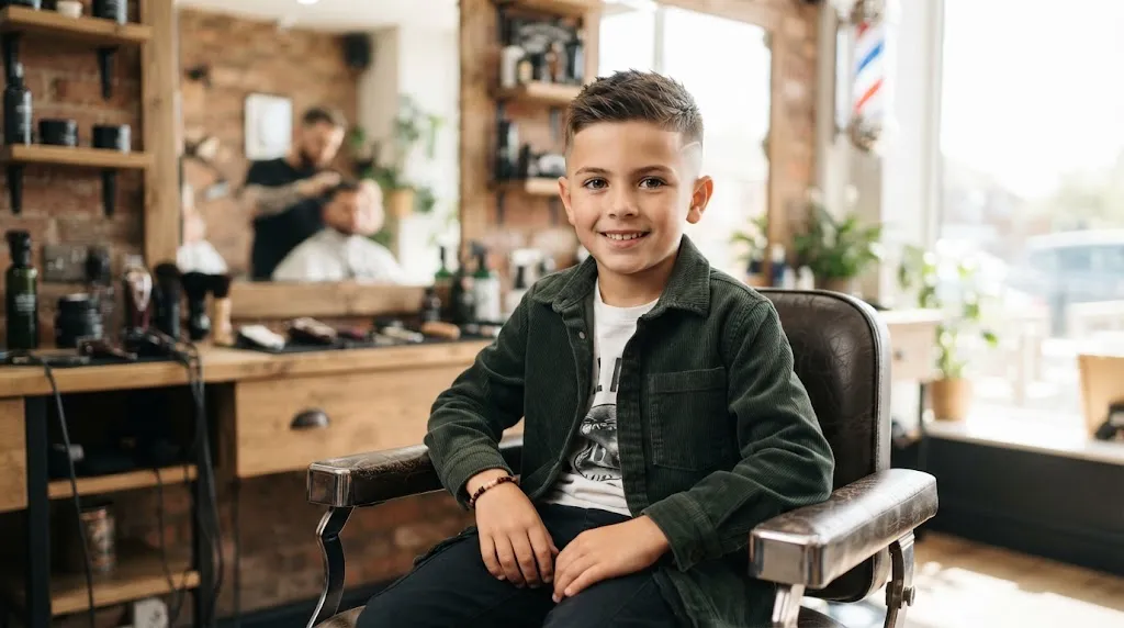 A stylish young boy with a modern textured crop haircut smiling confidently in a bright, modern barbershop