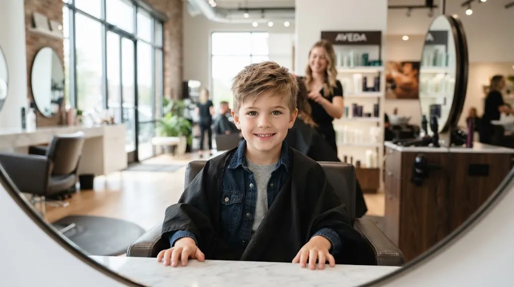 A stylish young boy with a modern textured layer haircut sitting in a bright hair salon, showcasing a clean, professional finish.