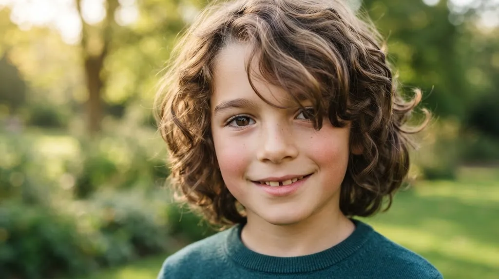 A stylish boy showcasing natural, healthy wavy hair with textured medium length and defined movement.