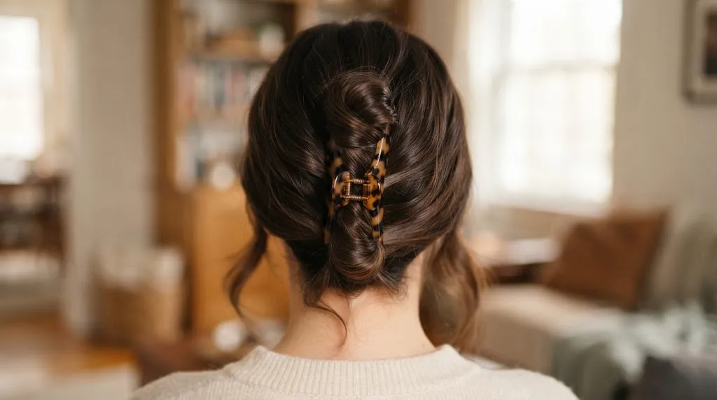 A chic and secure claw clip updo hairstyle on medium-to-thick hair viewed from the back, perfect for quick daily styling