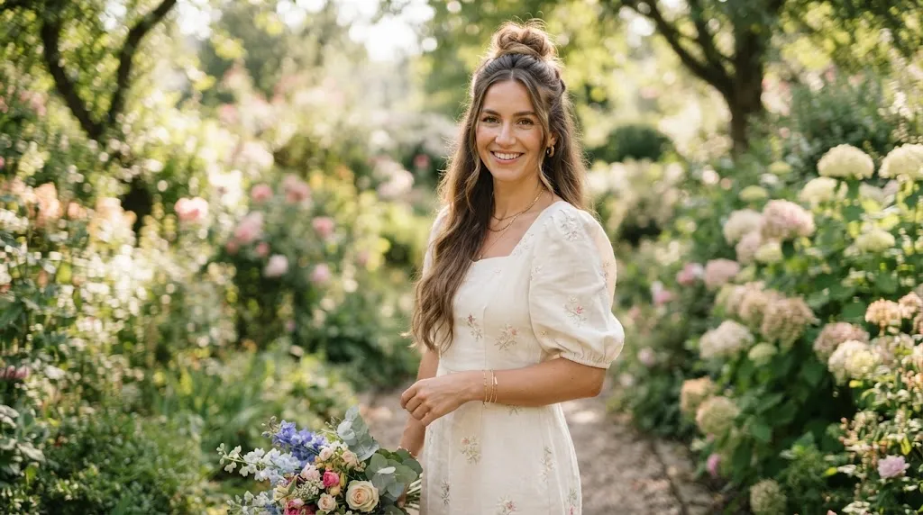 A stylish woman with long hair wearing an elegant half-up bun hairstyle outdoors in warm summer sunlight