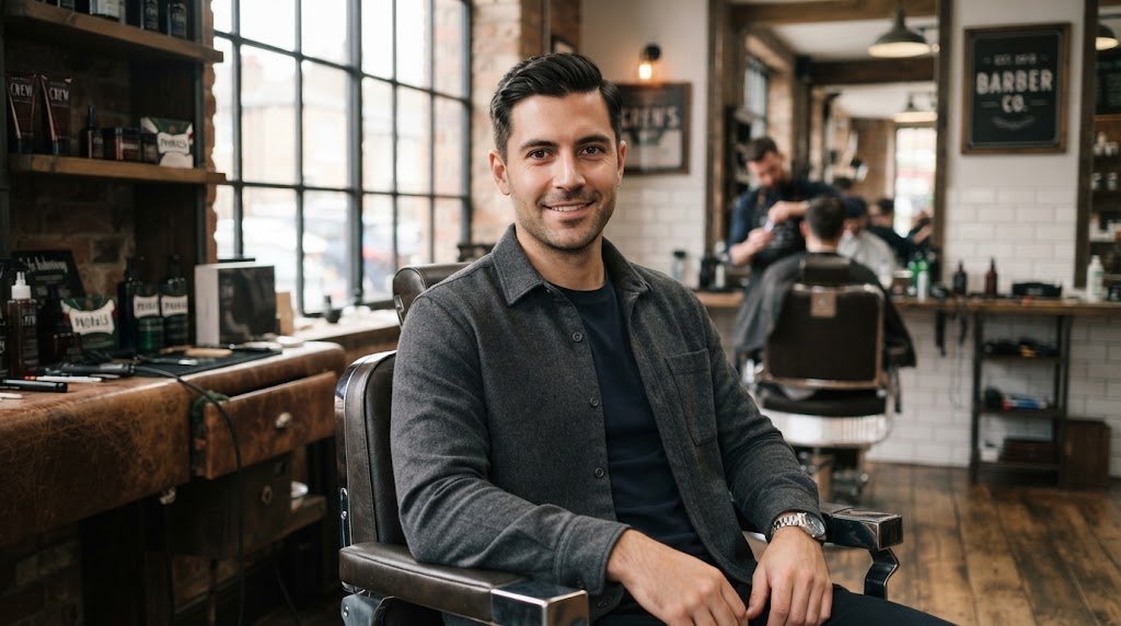 A professional man with a clean Ivy League long military haircut sitting in a modern barbershop chair.