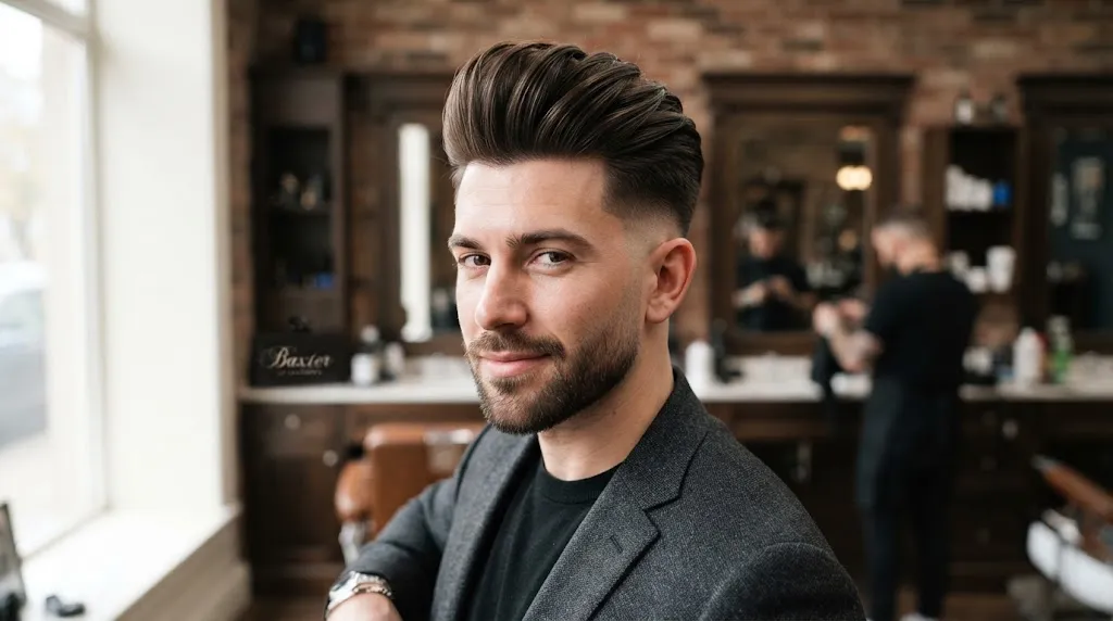 Modern men's pompadour haircut with high volume swept-back top and clean sides