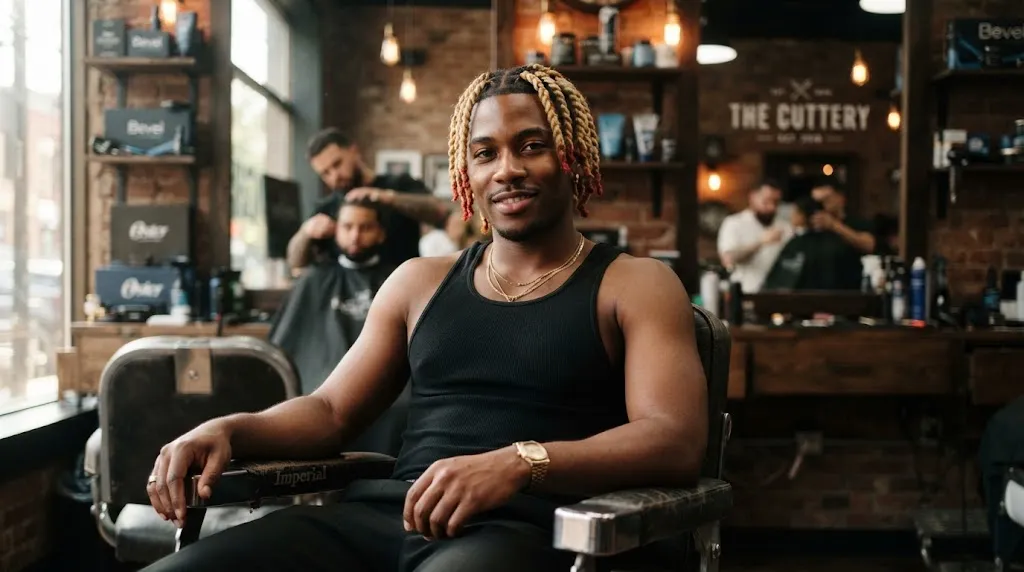 A stylish Black man showcasing modern two-strand twists with vibrant blonde and red dyed ends