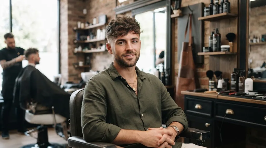 A stylish man with a textured wavy crop haircut and clean faded sides in a modern barbershop