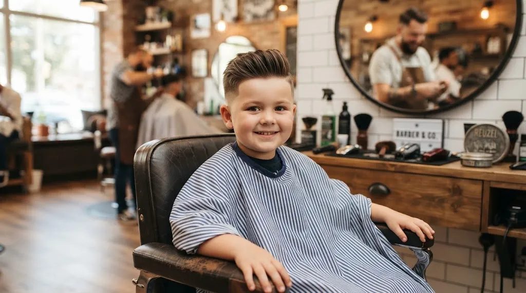 A young boy with a round face shape showcasing a stylish modern quiff haircut with clean tapered sides in a barbershop