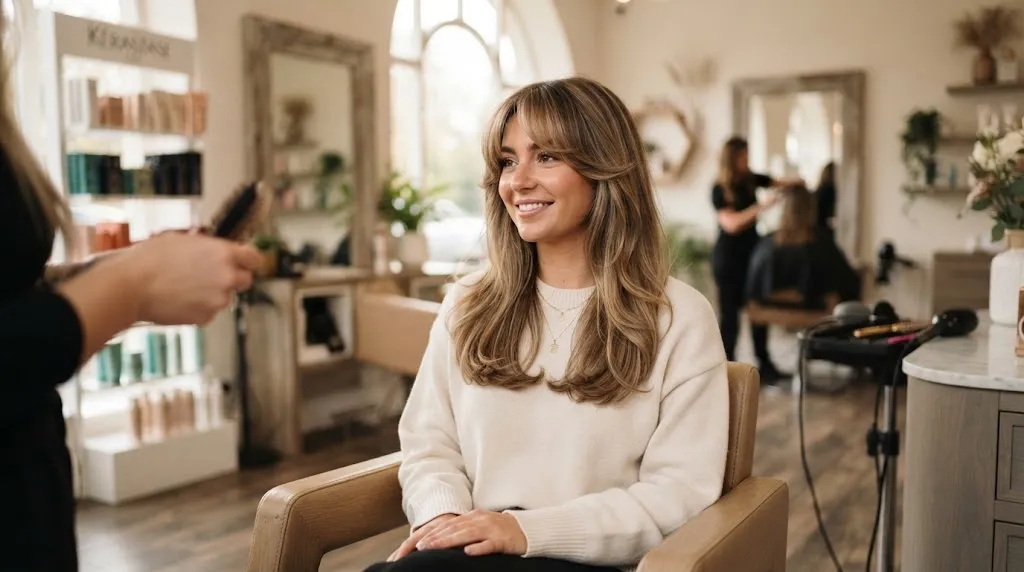 A woman with a trendy haircut featuring soft curtain bangs and fringe, showcasing face-framing texture.
