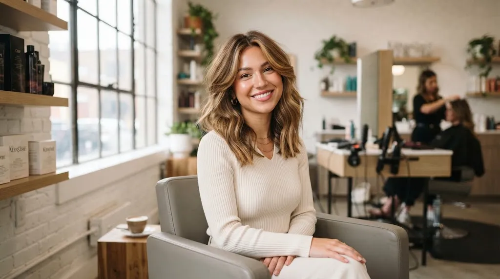 A stylish woman with a flattering long bob (lob) haircut and soft face-framing layers tailored for a round face shape.