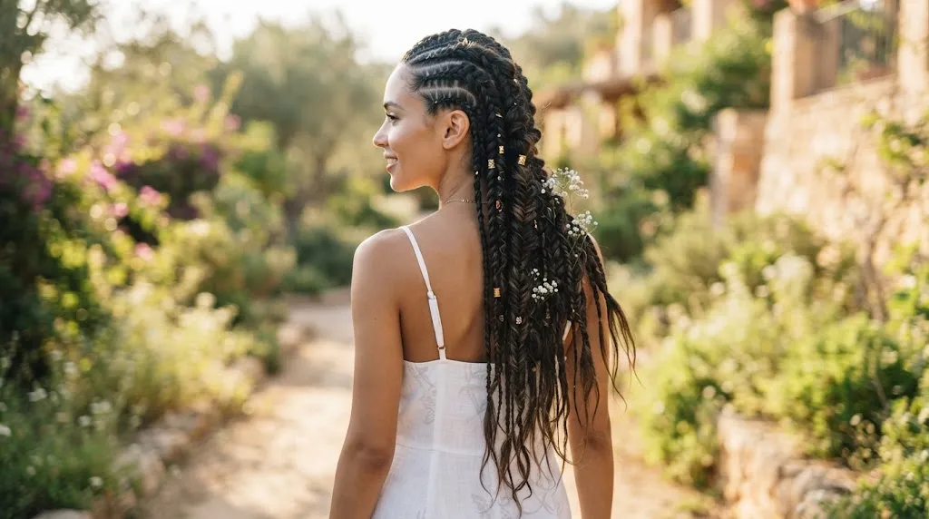 Beautiful long hair styled in intricate summer braids outdoors in natural sunlight