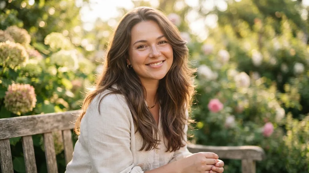 Woman with a round face shape showcasing long cascading layers and soft framing for summer.