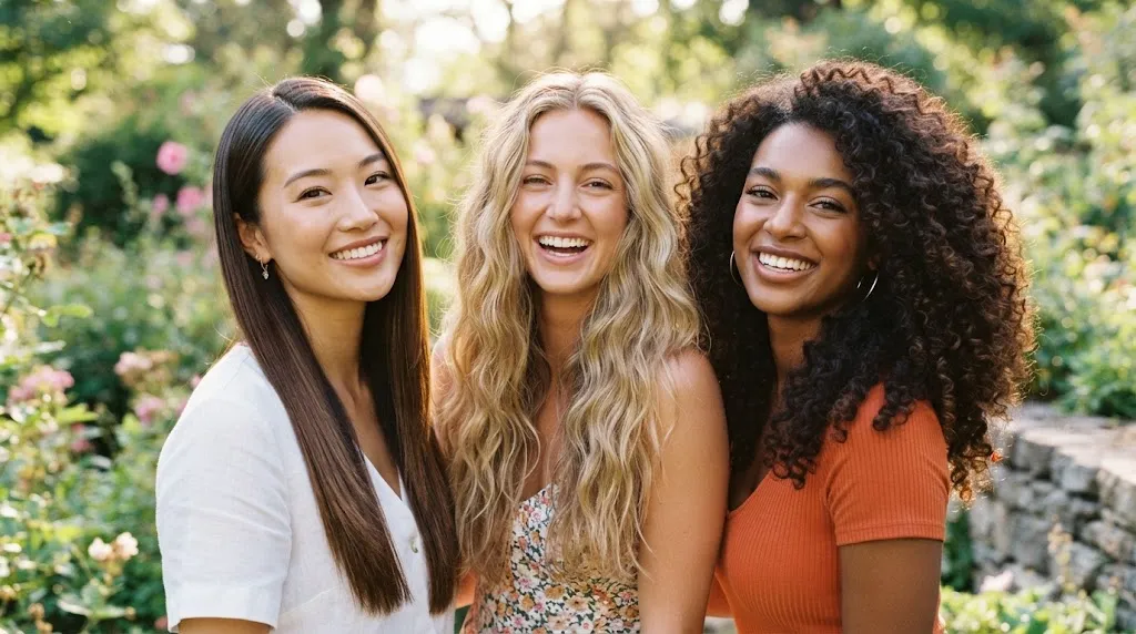 Three women with long straight, wavy, and curly hair enjoying the summer sun, illustrating the best hairstyles for different hair types.