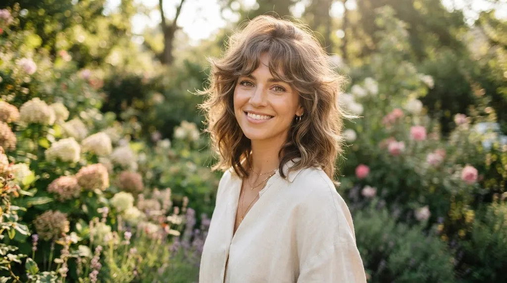 A beautiful person with a square face shape showcasing tousled airy layers and soft face-framing pieces in a sunlit setting
