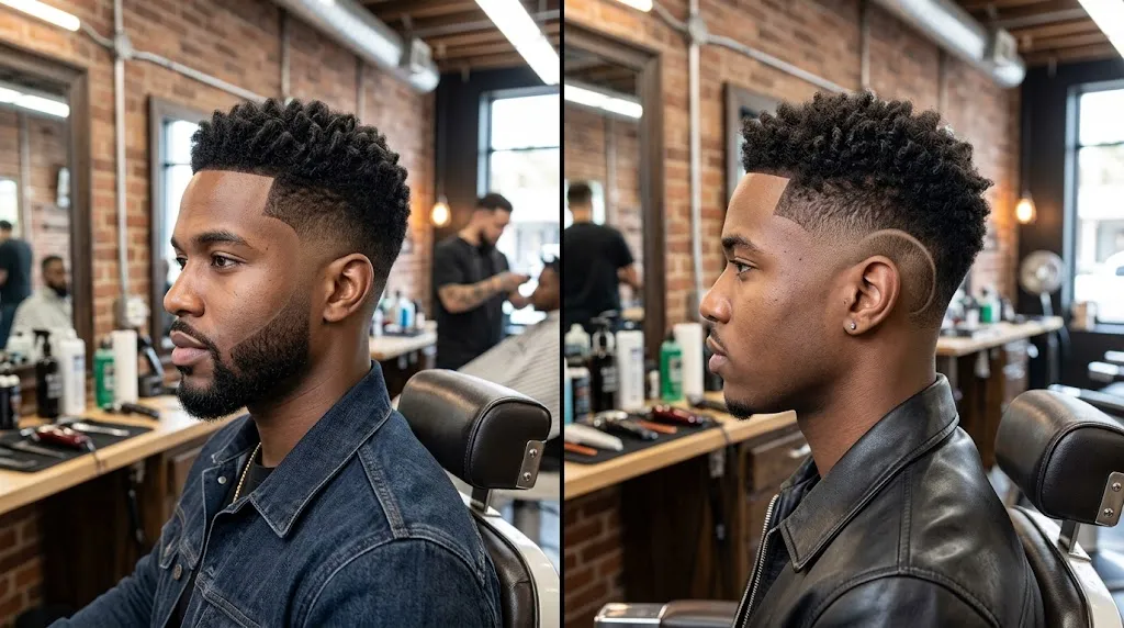 Side-by-side comparison of a clean taper fade haircut and a precise burst fade haircut in a modern barbershop