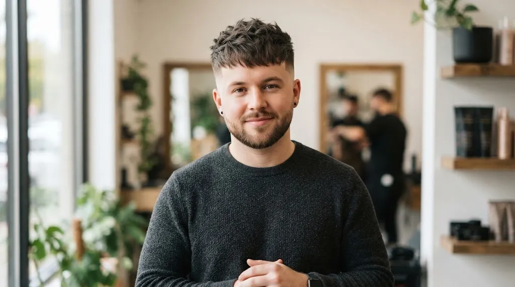 Modern textured crop and high fade haircut adding height on top to flatter a round face shape