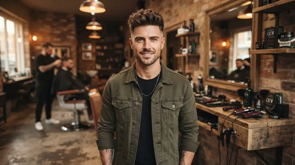 A stylish man with a textured crop and high skin fade haircut designed to add height and elongate a round face shape.