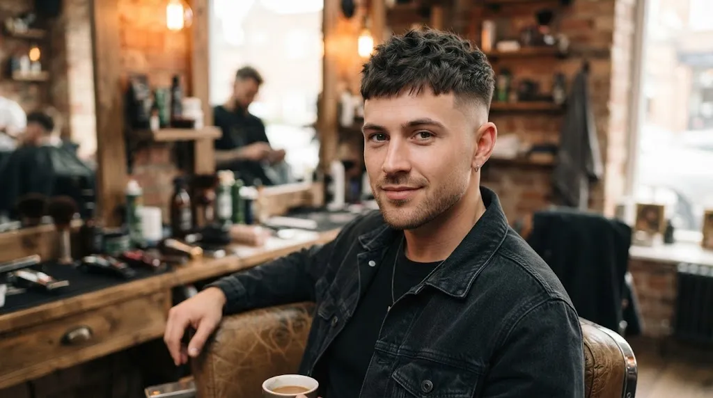 Man with a modern textured mini crop haircut and high skin fade designed for round face shapes