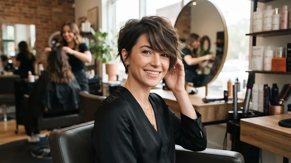 A stylish woman with a textured pixie bixie haircut and a side-swept fringe, perfect for flattering a round face shape.