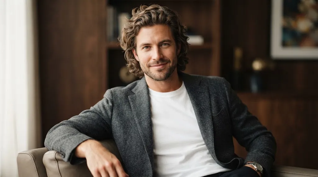 A stylish man with medium-length textured tousled flow hair and natural soft waves, showcasing a modern celebrity haircut.