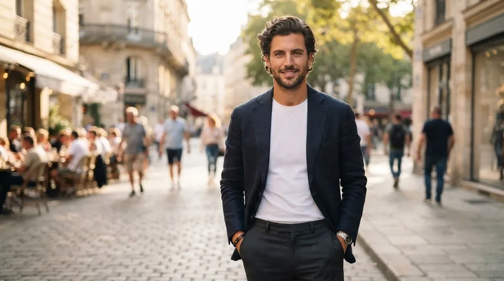 A handsome man with stylish medium-length textured waves and a modern sweep-back haircut