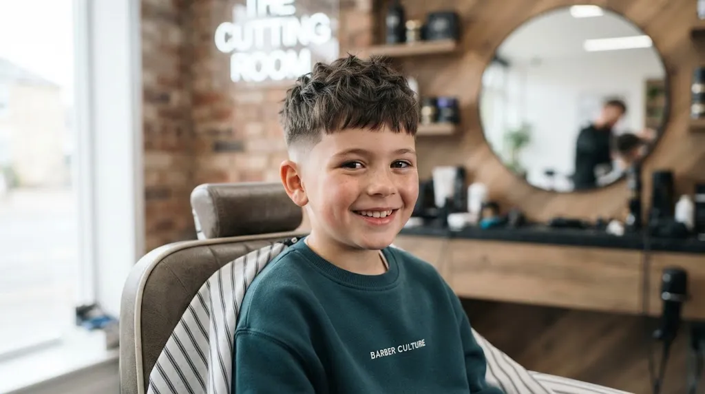 A stylish young boy showing off a modern textured crop and low taper fade haircut in a trendy barbershop for 2026 boys hairstyle trends.