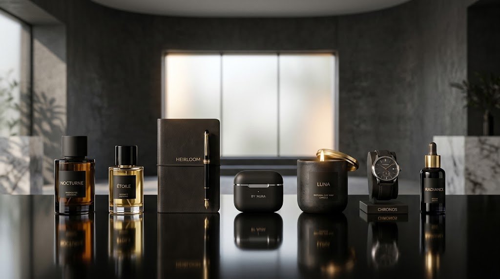 Sleek lineup of seven premium signature products displayed in a modern luxury studio setting
