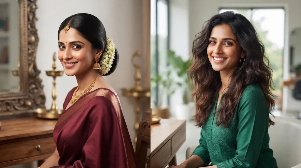 A split-screen comparison showing a beautiful Indian woman with two different hairstyles: on the left, a traditional sleek bun with jasmine flowers and a maroon saree, and on the right, modern loose waves with a green kurta.