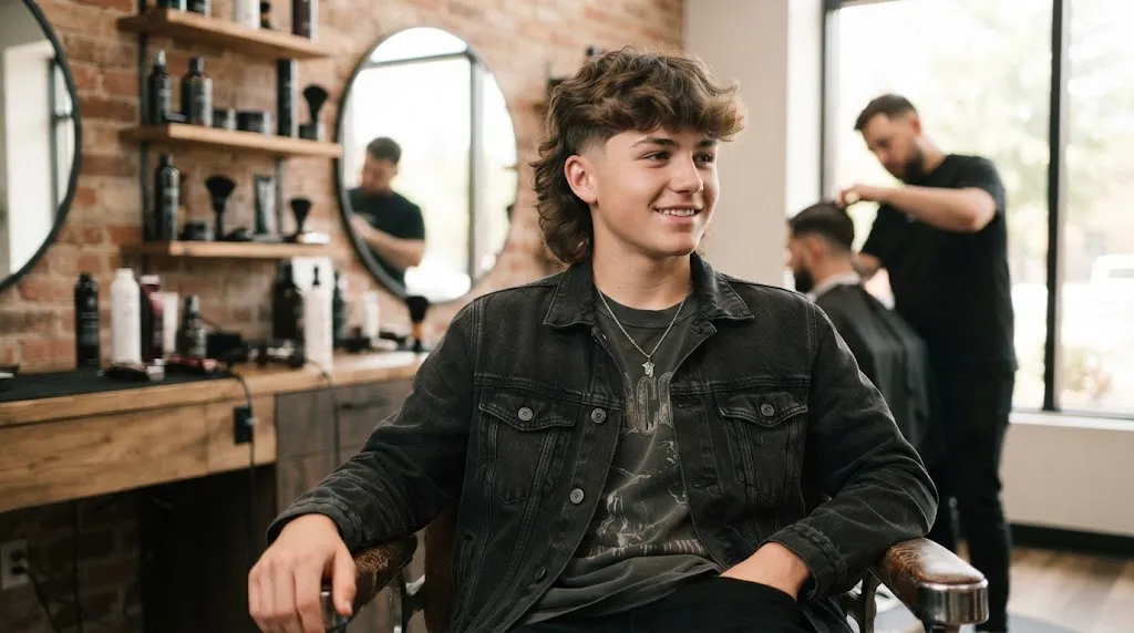 A stylish teenage boy with a modern mullet haircut and textured layers sitting confidently in a barbershop.