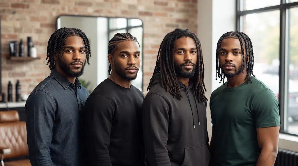 Four African American men showcasing different protective hairstyles including two-strand twists, neat cornrows, mature locs, and stylish braids.