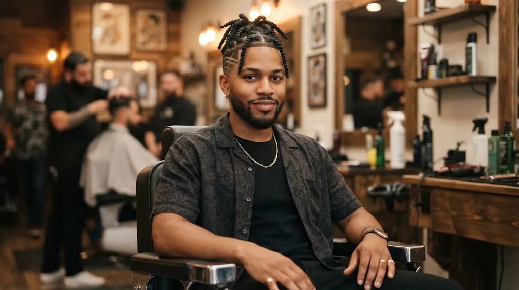 A stylish young man wearing neat two-strand hair twists paired with a clean designed undercut and geometric shaved lines