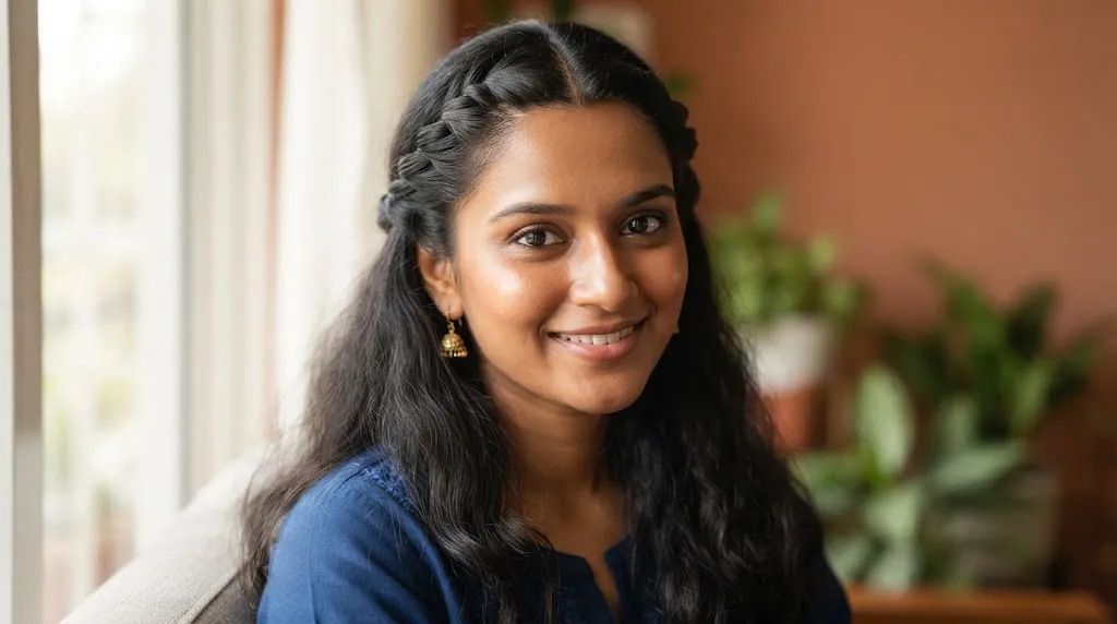A young Indian woman showcasing a clean and stylish Two-Side Front Twist everyday hairstyle