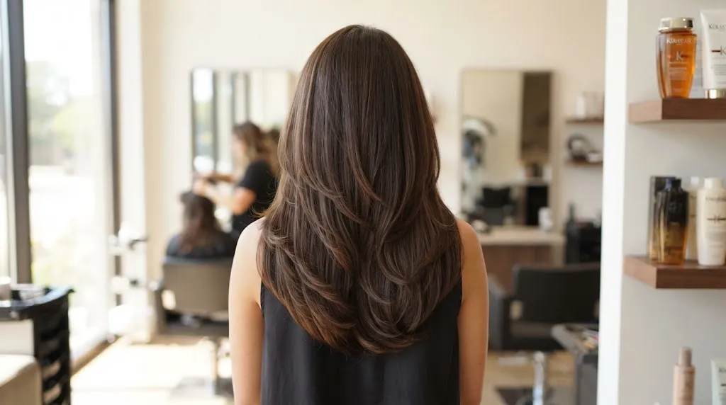 Back view of a long hair U-cut showing a soft curved horseshoe hemline and cascading layers in a professional salon setting.