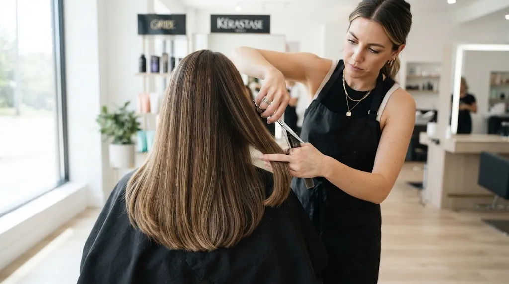 Professional hair stylist performing a maintenance trim on long hair to keep the curved U-shape healthy and even.